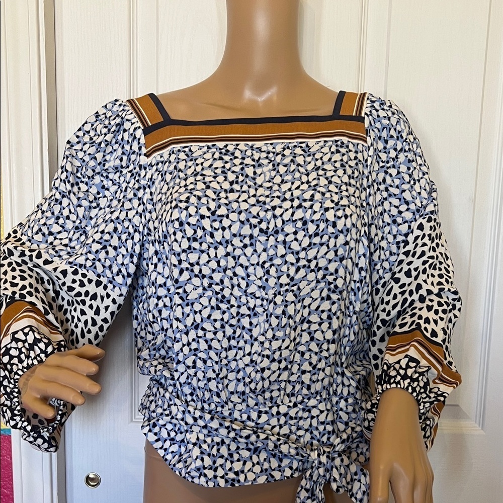 Anthropologie Tie Elastic  Waist Vback Blue and Black Patterned Blouse Small